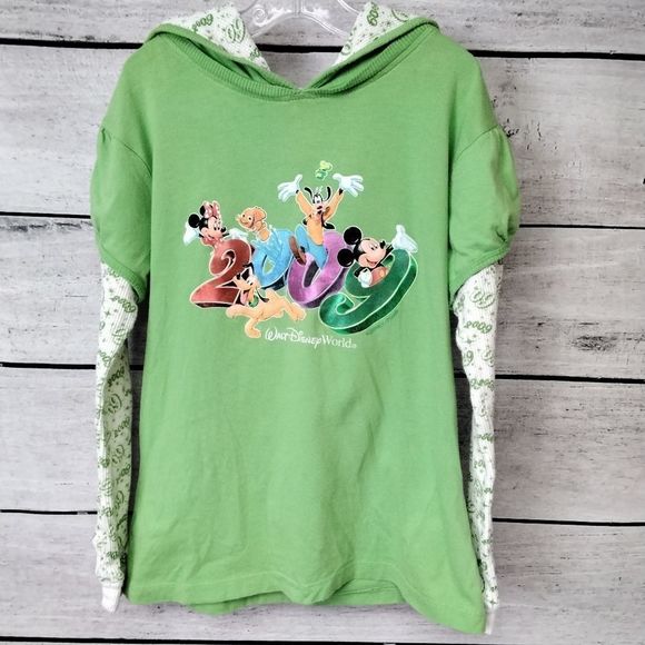 Disney Shirt Girl's Green 2009 Hooded Long Sleeve Logo  Size Large - Picture 1 of 9